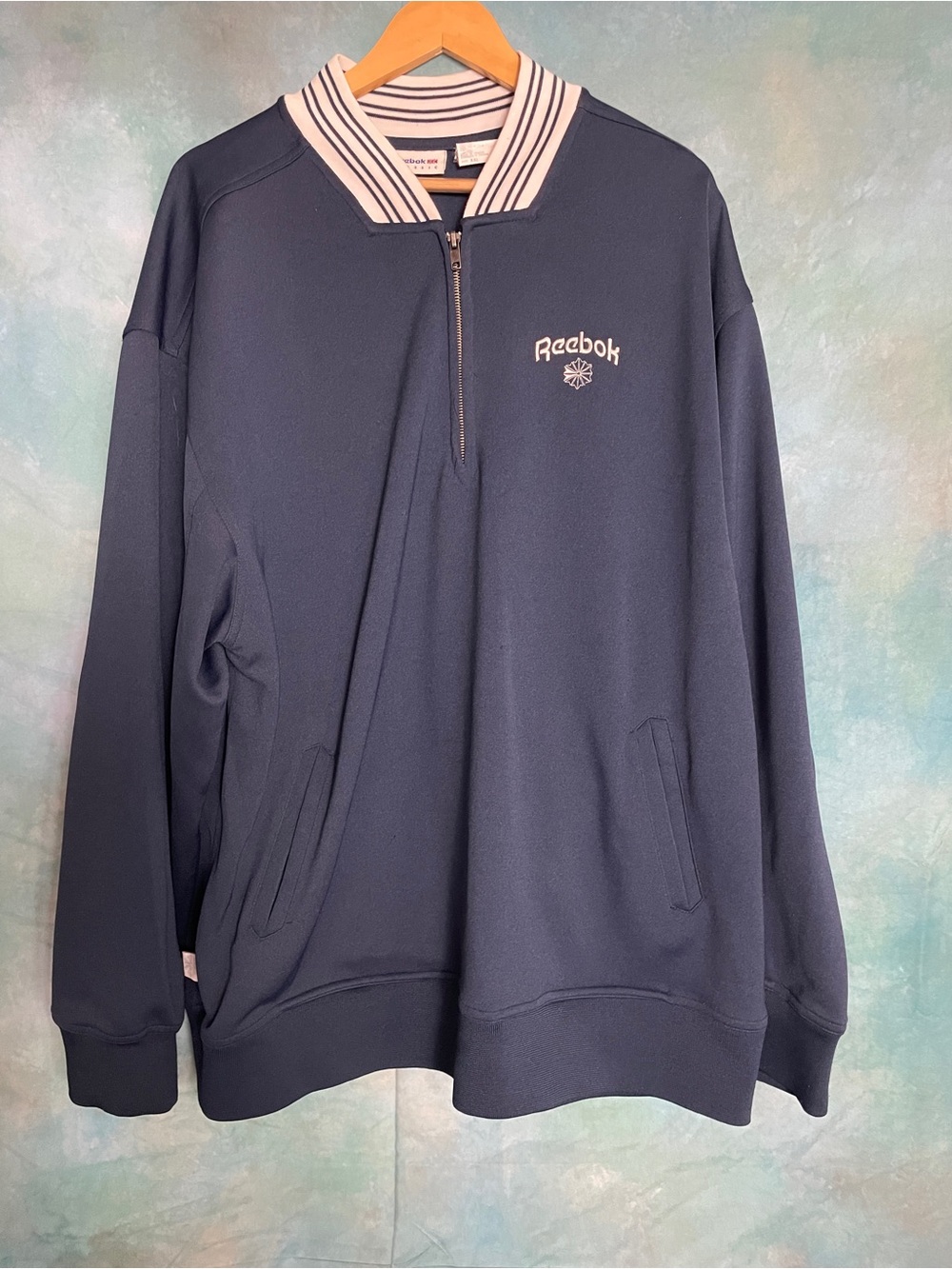 Reebok Men’s Navy Half-Zip Pullover with White Striped Collar